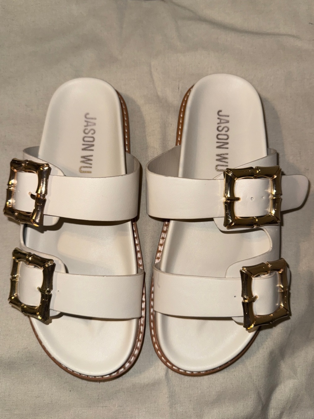 Jason Wu White Leather Double-Buckle Slide Sandals with Gold Buckles